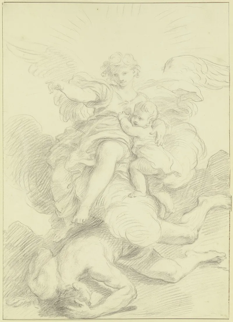 Ein Schutzengel Halt Ein Kind In Seinen Armen Zu Seinen Fusen Ein Gesturzter Mann Wall Art by Carlo Maratta - High-Resolution Digital Print