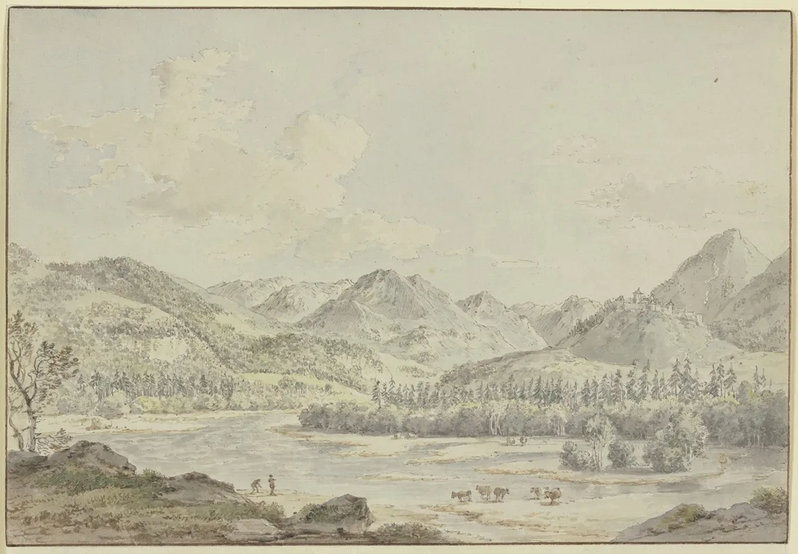 Ein Schweizer Tal Mit Einem Flus Zwischen Tannenwaldern Rechts Auf Dem Berg Ein Schlos Vorne Funf Kuhe Wall Art by Nicolas Perignon - High-Resolution Digital Print