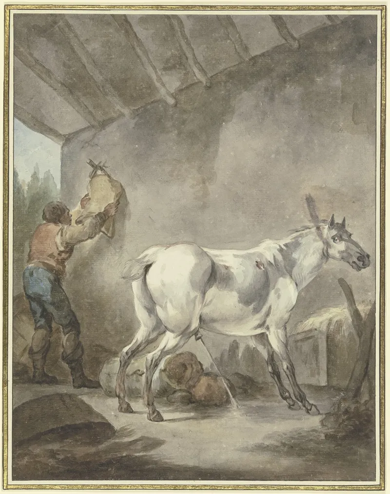 Ein Stallender Schimmel Mit Einem Bauern Der Einen Sattel Aufhangt