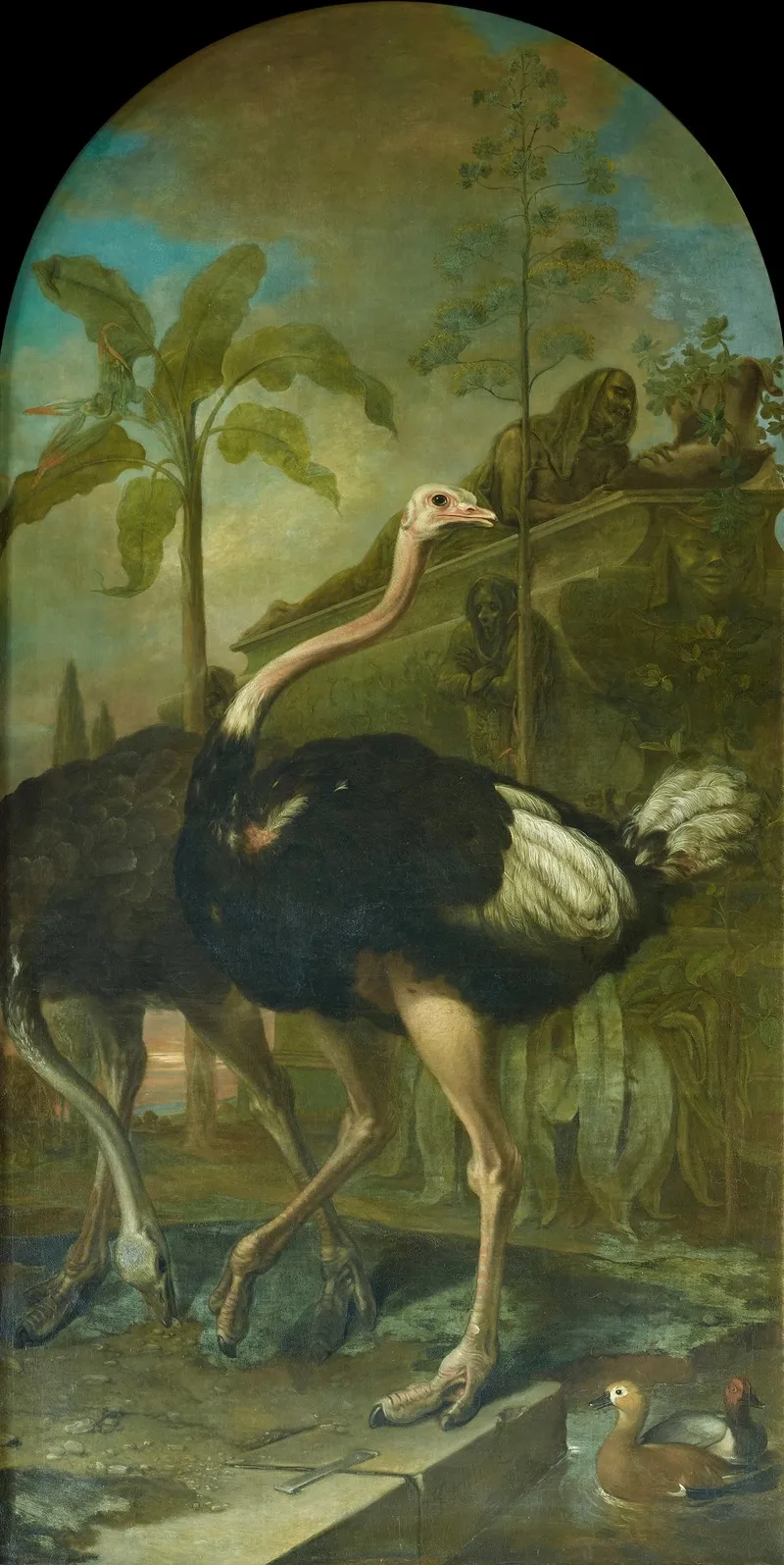Ein Strausenpaar Im Hintergrund Ein Sarkophag Wall Art by Ignaz Heinitz von Heinzenthal - High-Resolution Digital Print