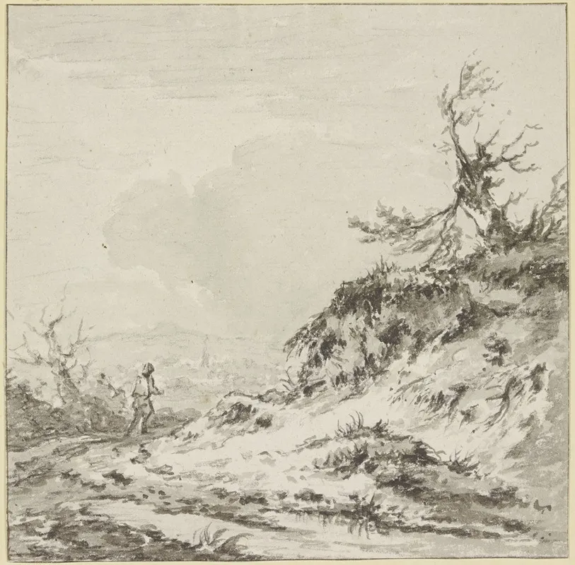 Ein Wanderer Auf Einem Wege An Abgerissenem Terrain Auf Welchem Ein Verkruppelter Baum Steht