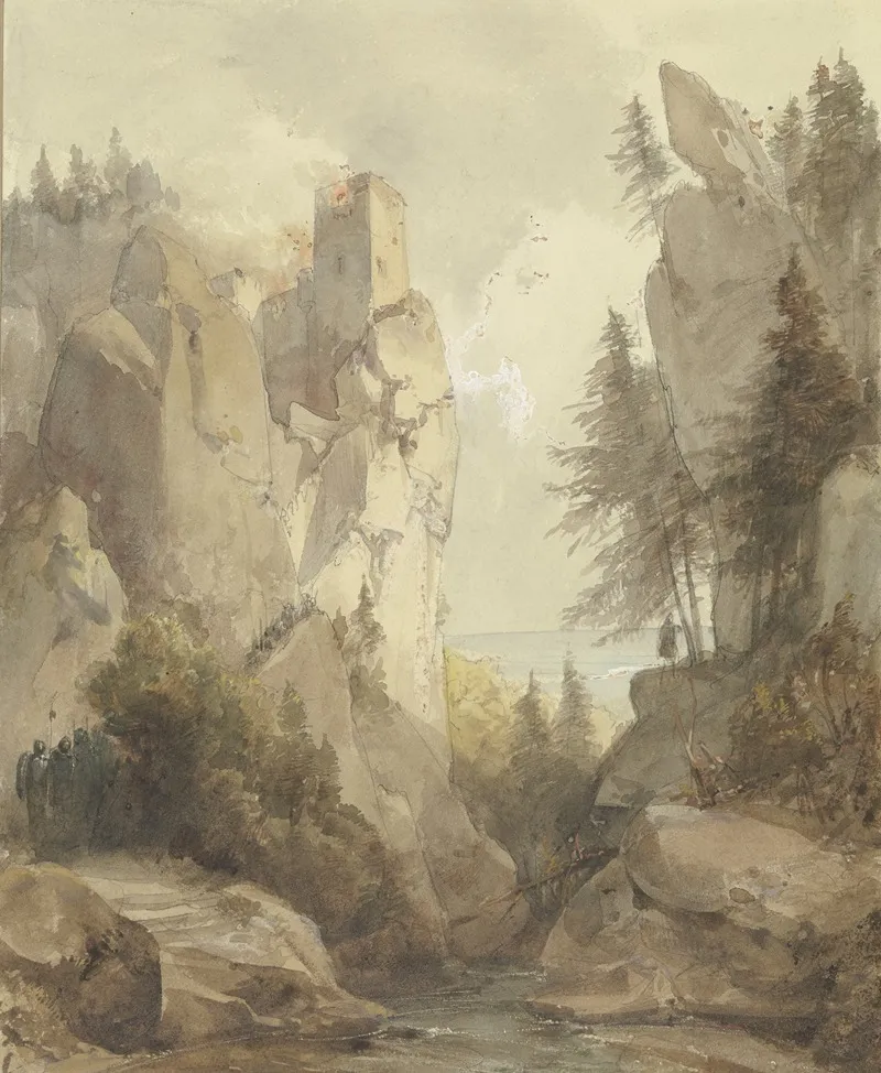 Eine Brennende Burg Auf Einem Felsen Wall Art by Caspar Scheuren - High-Resolution Digital Print