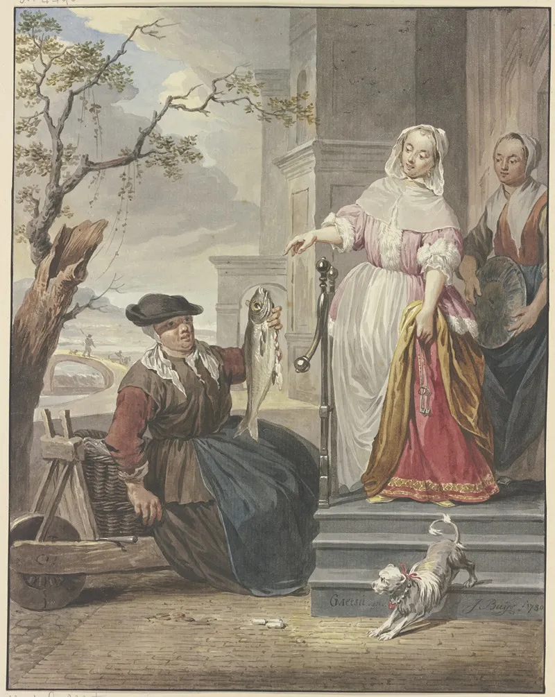 Eine Dame Steht Mit Ihrer Magd Vor Ihrem Haus Und Handelt Mit Einer Fischverkauferin Wall Art by Jacobus Buys - High-Resolution Digital Print