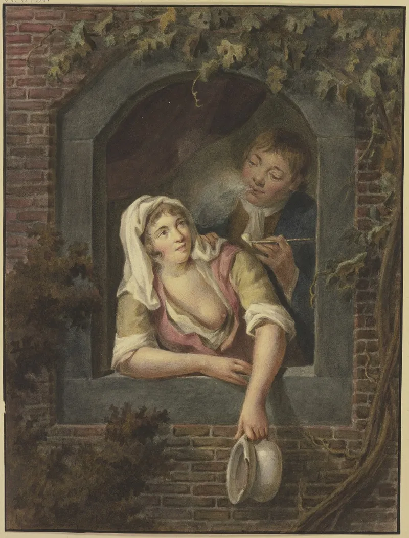 Eine Frau Mit Entblostem Busen Leert Ein Nachtgeschirr Zum Fenster Hinaus Hinter Ihr Ein Rauchender Junger Mann Wall Art by Lambert Antonius Claessens - High-Resolution Digital Print
