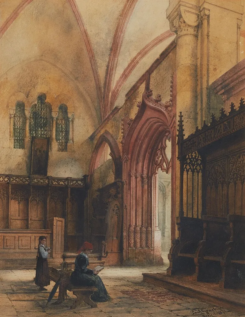 Eine Frau Und Ein Junges Madchen In Einem Gotischen Kirchenraum Betend Wall Art by Paul Graeb - High-Resolution Digital Print
