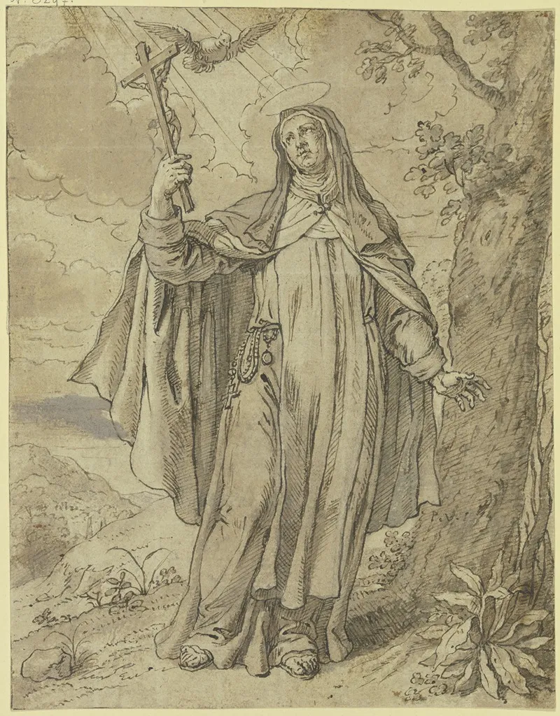 Eine Heilige Nonne Halt Das Kruzifix In Der Hand Der Heilige Geist Schwebt Uber Ihr Rechts Ein Baum Wall Art by Pieter van Lint - High-Resolution Digital Print