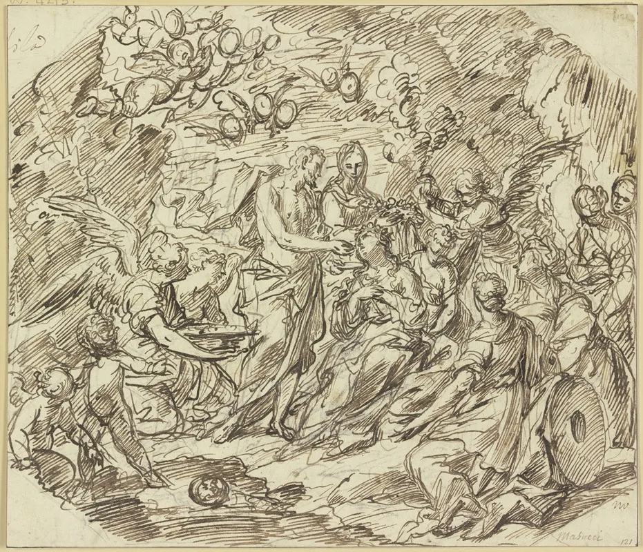 Eine Heilige Wird Von Maria Mit Blumen Gekront Und Bekommt Von Christus Die Hostie Eine Engelschar Umgibt Die Gruppe