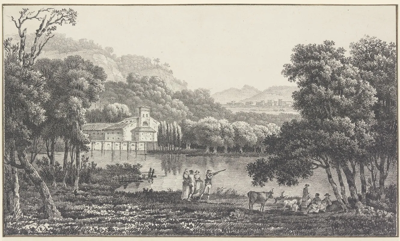 Eine Kirche An Einem See Vorn Figuren Und Vieh Dabei Ein Jager Wall Art by Nicolas Joseph Vergnaux - High-Resolution Digital Print