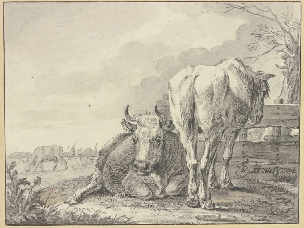 Eine Kuh Und Ein Pferd An Einem Bretterzaun Wall Art by Hendrik Willem Schweickhardt - High-Resolution Digital Print