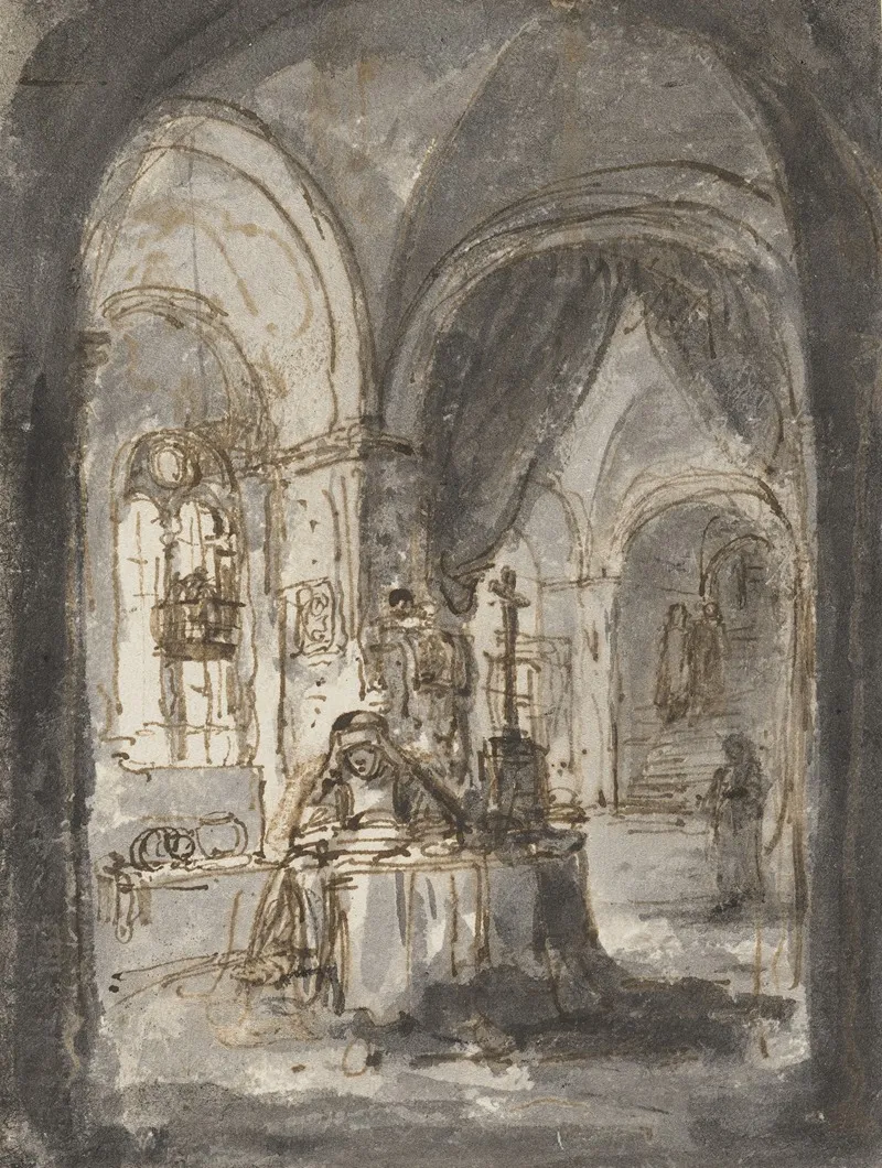 Eine Nonne Sitzt In Einer Kirche Am Altar