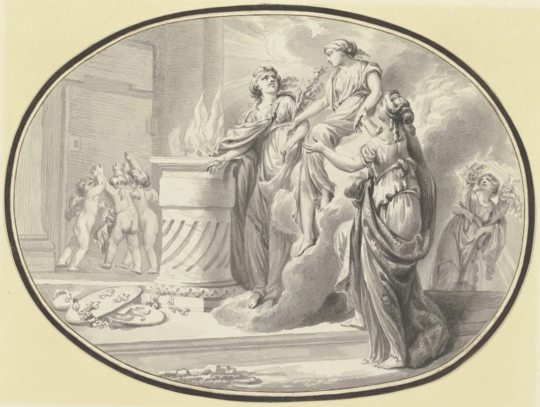 Eine Vestalin Zwischen Zwei Gefahrtinnen Vor Einem Altar Von Einer Wolke Herabsteigend Im Hintergrund Halten Drei Amoretten Die Tur Zum Heiligtum Verschlossen Wall Art by Johann Eleazar Schenau - High-Resolution Digital Print