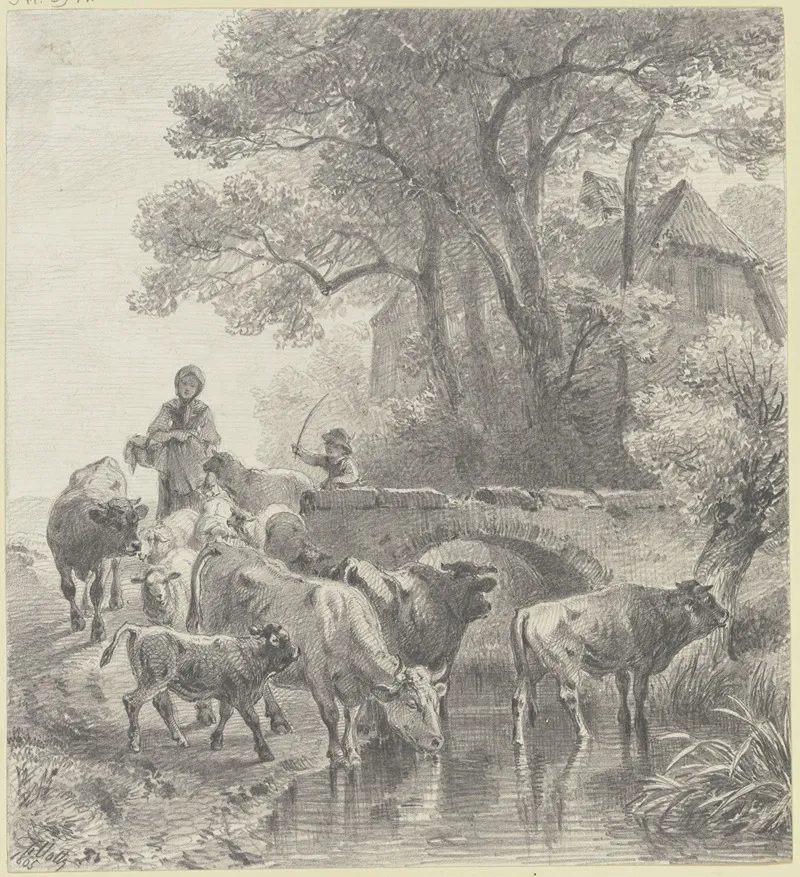 Eine Zur Tranke Getriebene Viehherde Wall Art by Friedrich Voltz - High-Resolution Digital Print