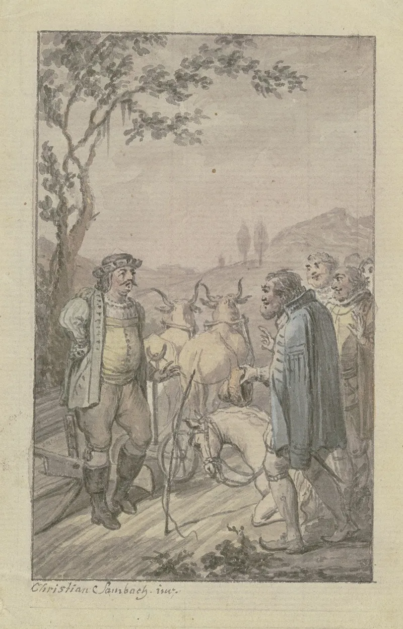 Einem Pflugenden Mann Mit Einem Ochsengespann Nahert Sich Eine Gruppe Von Barhauptigen Mannern Bei Ihnen Kniet Ein Pferd Wall Art by Christian Sambach - High-Resolution Digital Print