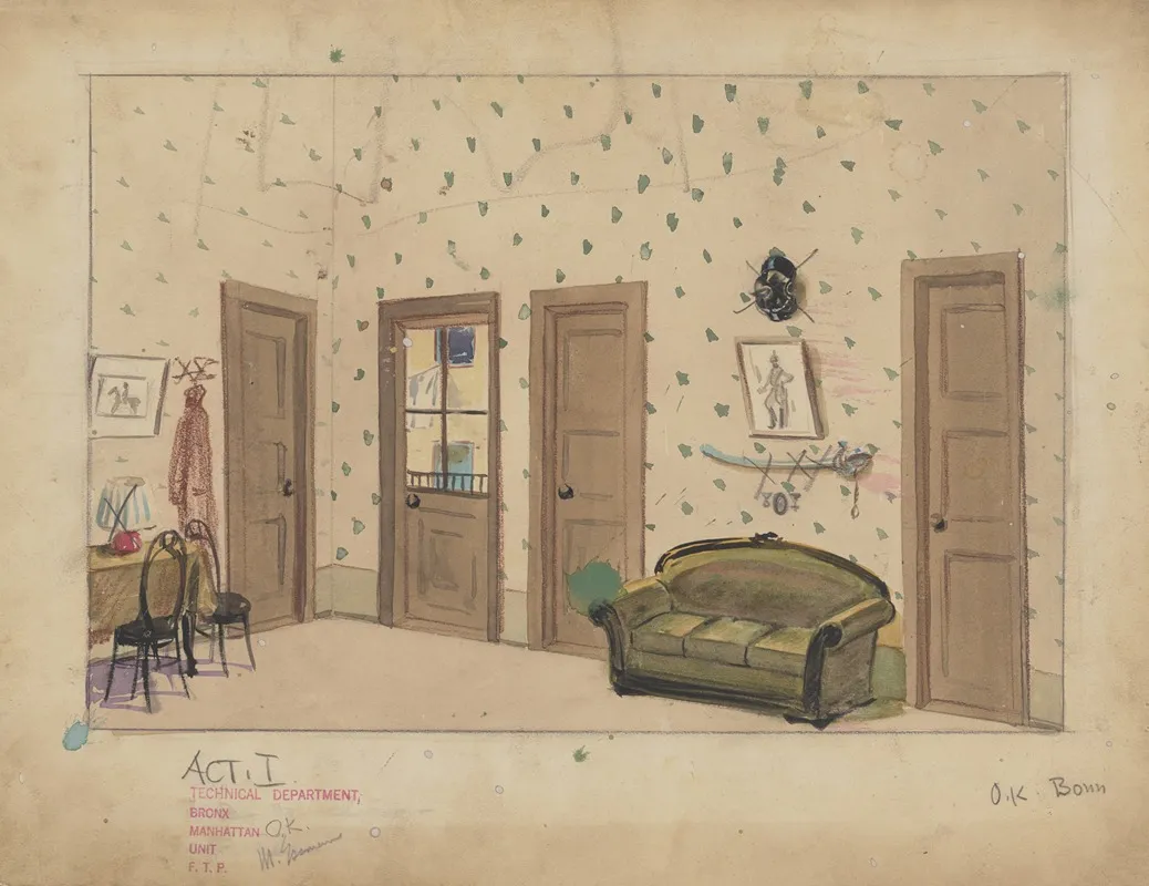 Einmal Mensch Sketch No 1 Act I Domestic Interior Wall Art by Manuel Essman - High-Resolution Digital Print