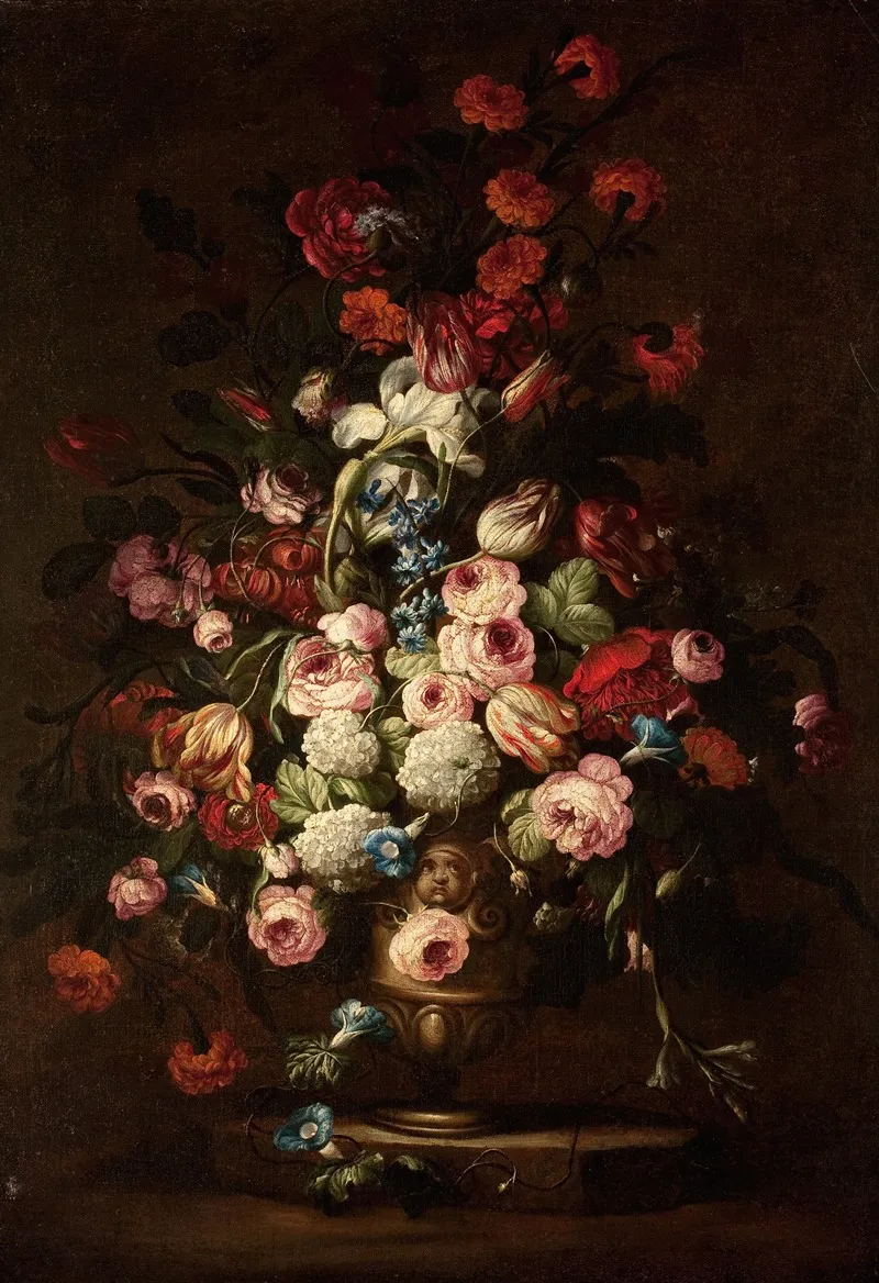 Elaborate Floral Bouquet In Footed Vase 2 Wall Art by School of Bartolomeo Bimbi - High-Resolution Digital Print