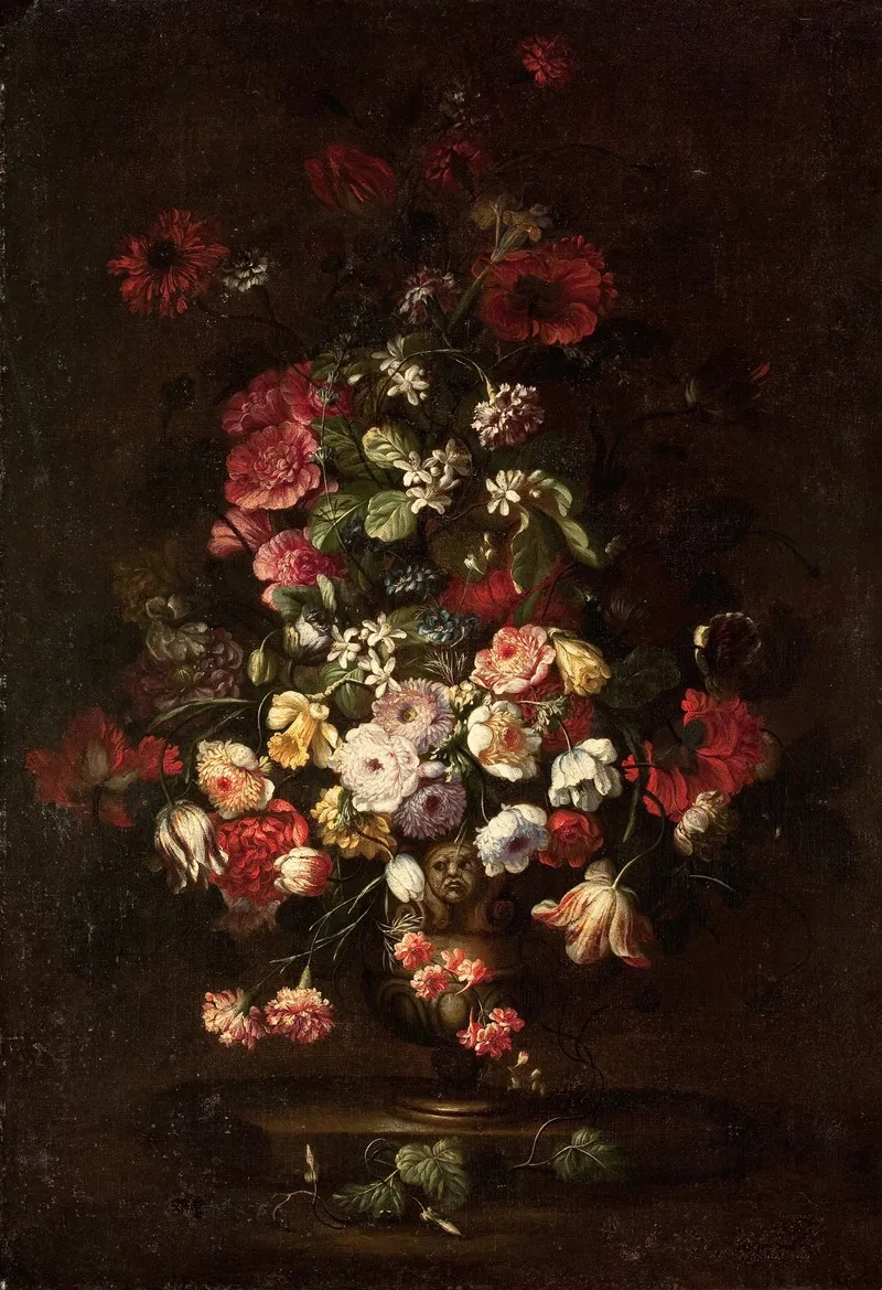 Elaborate Floral Bouquet In Footed Vase Wall Art by School of Bartolomeo Bimbi - High-Resolution Digital Print