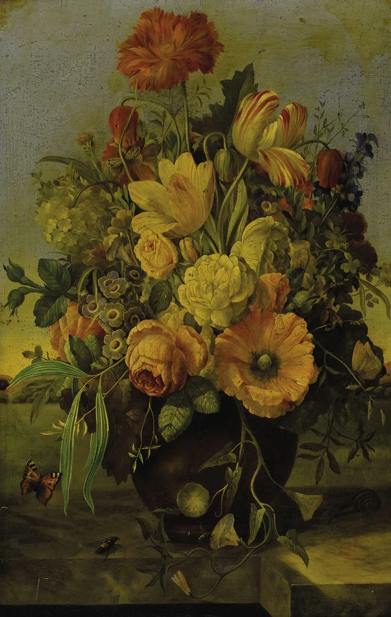 Elaborate Floral Bouquet On A Marble Ledge With A Landscape Beyond Wall Art by Franz Xaver Petter - High-Resolution Digital Print