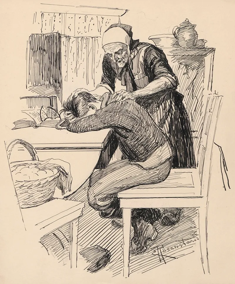 Elderly Farmers Wife Comforts Boy Wall Art by Christian Emil Rosenstand - High-Resolution Digital Print
