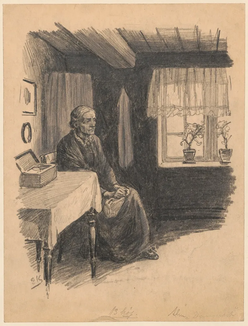 Elderly Woman With Sewing Kit Sitting On A Chair Wall Art by Emil Krause - High-Resolution Digital Print