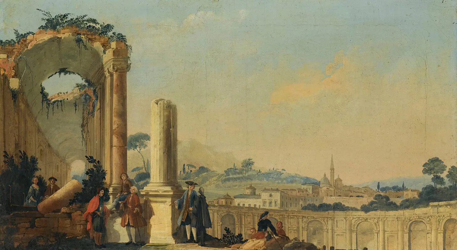 Elegant Figures Conversing Beneath Ruins A Hill Town With A Tall Spire Beyond Wall Art by The Pseudo Battaglioli - High-Resolution Digital Print
