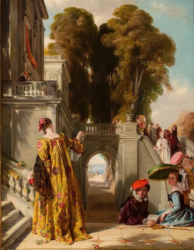 Elegant Figures On The Terrace Of A Country House Wall Art by John Callcott Horsley - High-Resolution Digital Print