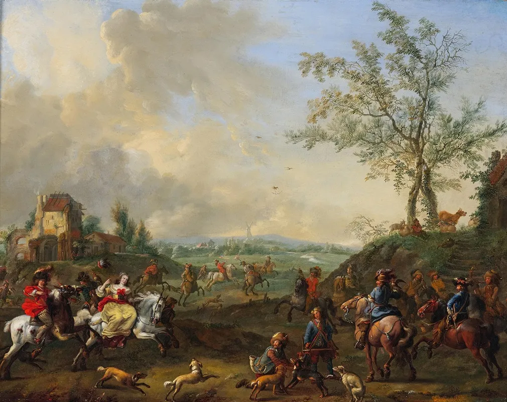 Elegant Riders In A Hunting Scene With Falcons Wall Art by Jan Frans van Bredael - High-Resolution Digital Print