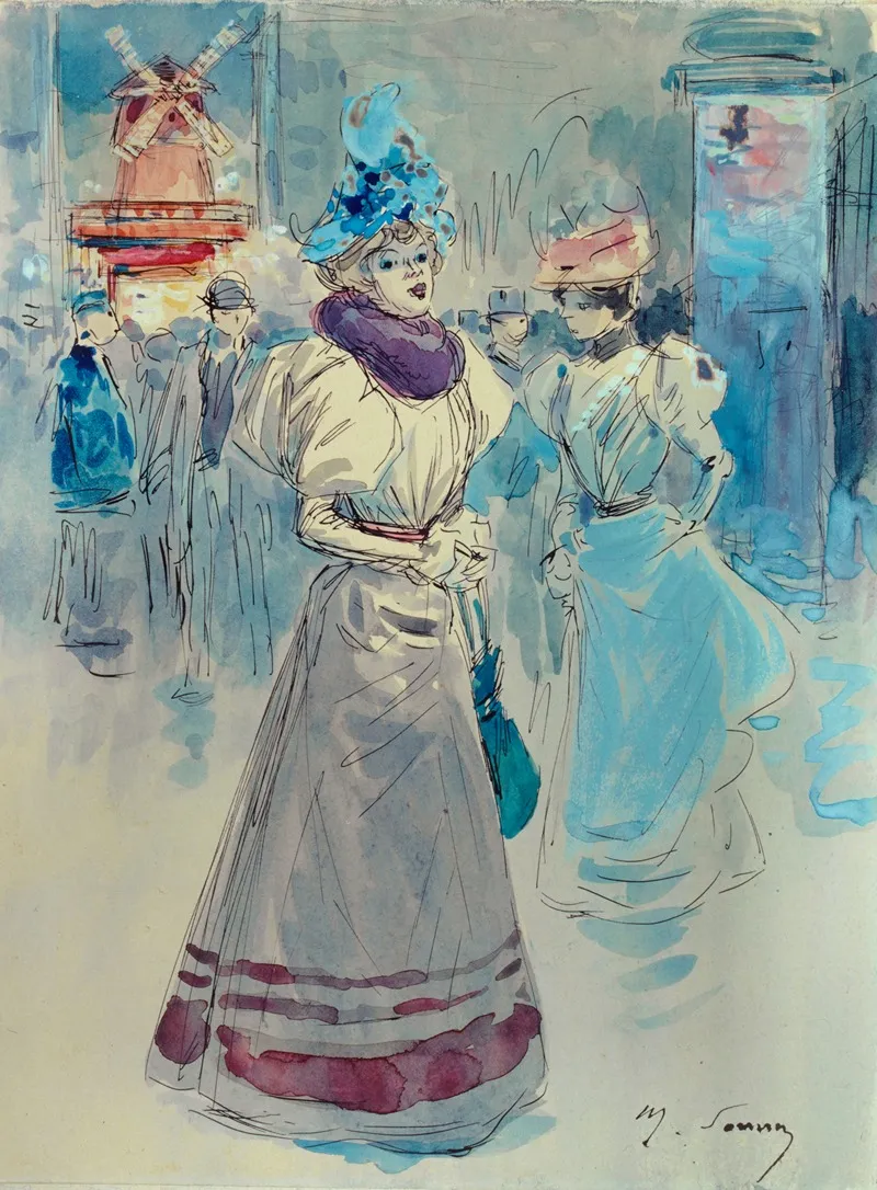 Elegante Au Chapeau Bleu Devant Le Moulin Rouge Place Blanche 18eme Arrondissement Wall Art by Henri Somm - High-Resolution Digital Print