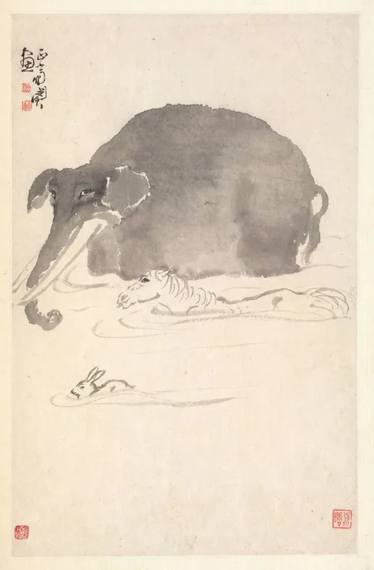 Elephant Horse And Hare Wall Art by Min Zhen - High-Resolution Digital Print