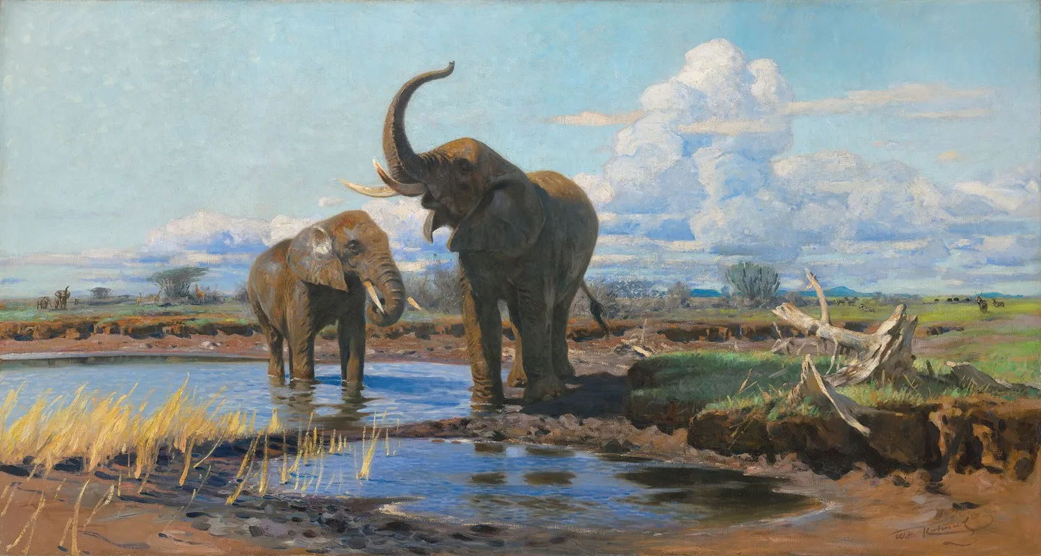 Elephants At A Waterhole Wall Art by Wilhelm Kuhnert - High-Resolution Digital Print