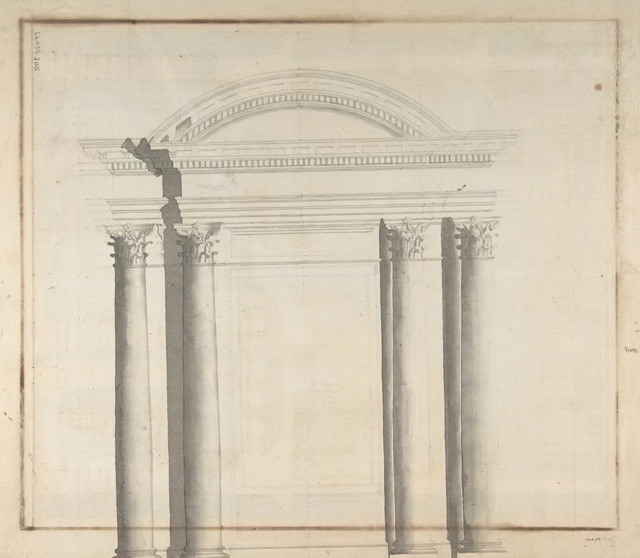 Elevation Design For A Monumental Entrance With Columns And Rounded Pediment Wall Art by Giovanni Battista Galliani - High-Resolution Digital Print