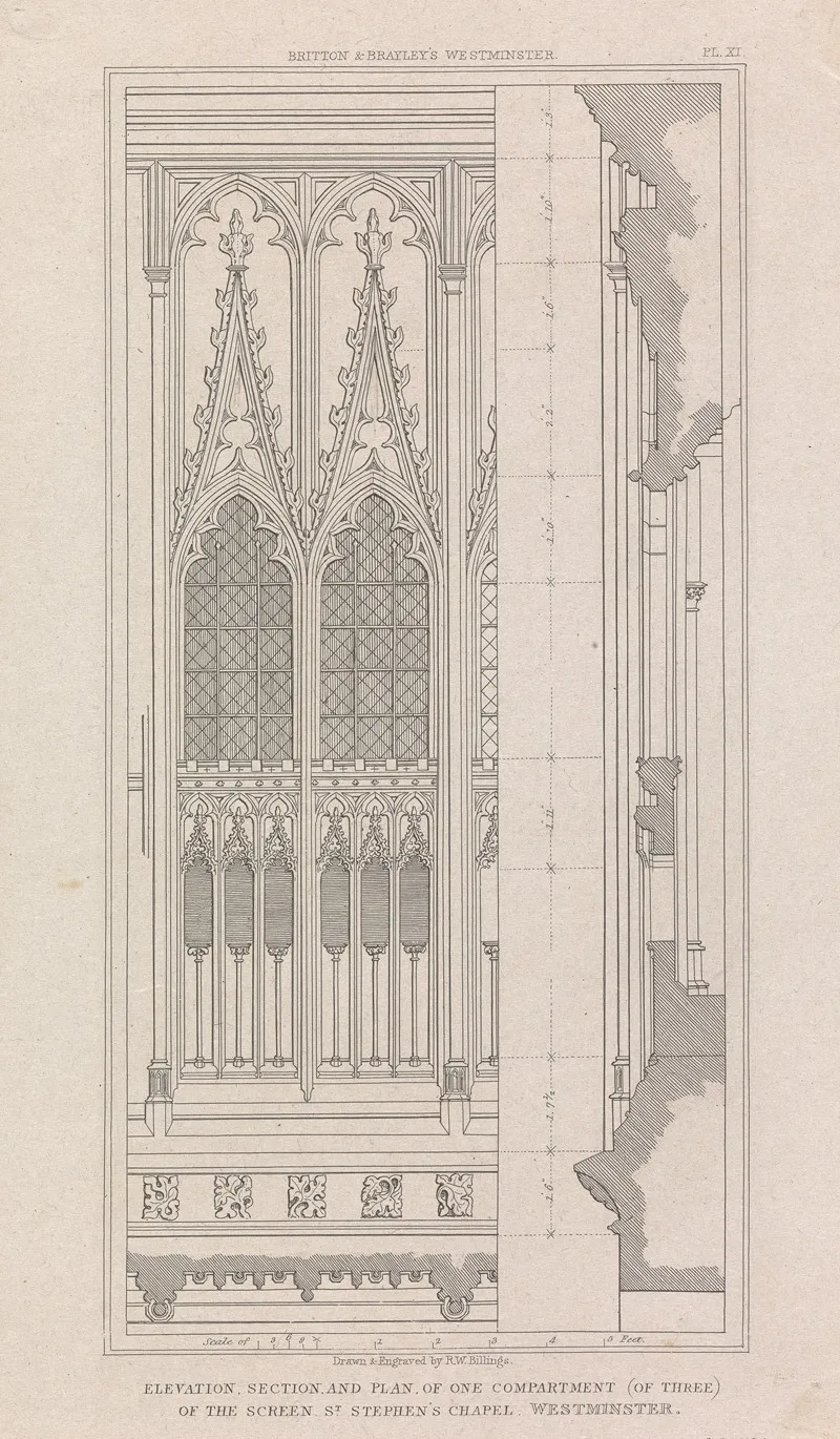 Elevation Section And Plan Of One Compartment Of Three Of The Screen St Stephens Chapel Westminster Wall Art by Robert William Billings - High-Resolution Digital Print
