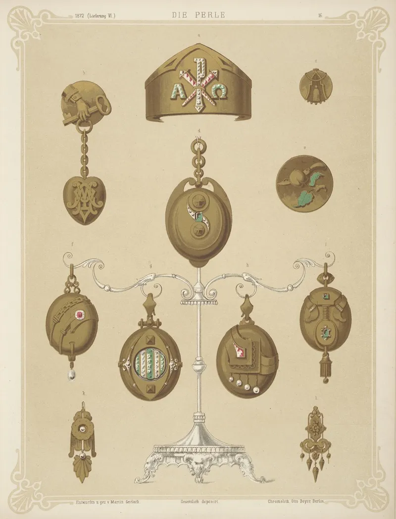 Eleven Designs For Jewelry Including Some Gold Brooches Displayed On Wrought Silver Stand