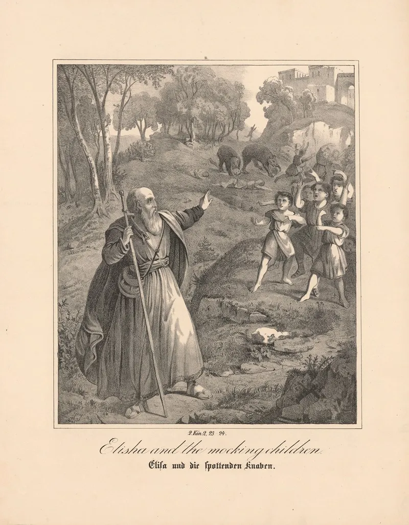 Elisha And The Mocking Children Wall Art by Johann Baptist Sonderland - High-Resolution Digital Print