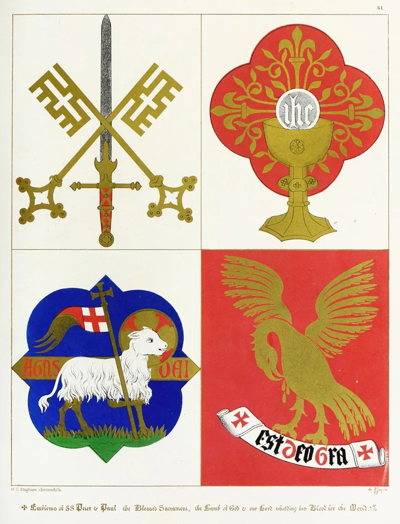 Emblems Of St Peter And St Paul The Blessed Sacrament And The Lamb Of God Wall Art by Augustus Pugin - High-Resolution Digital Print