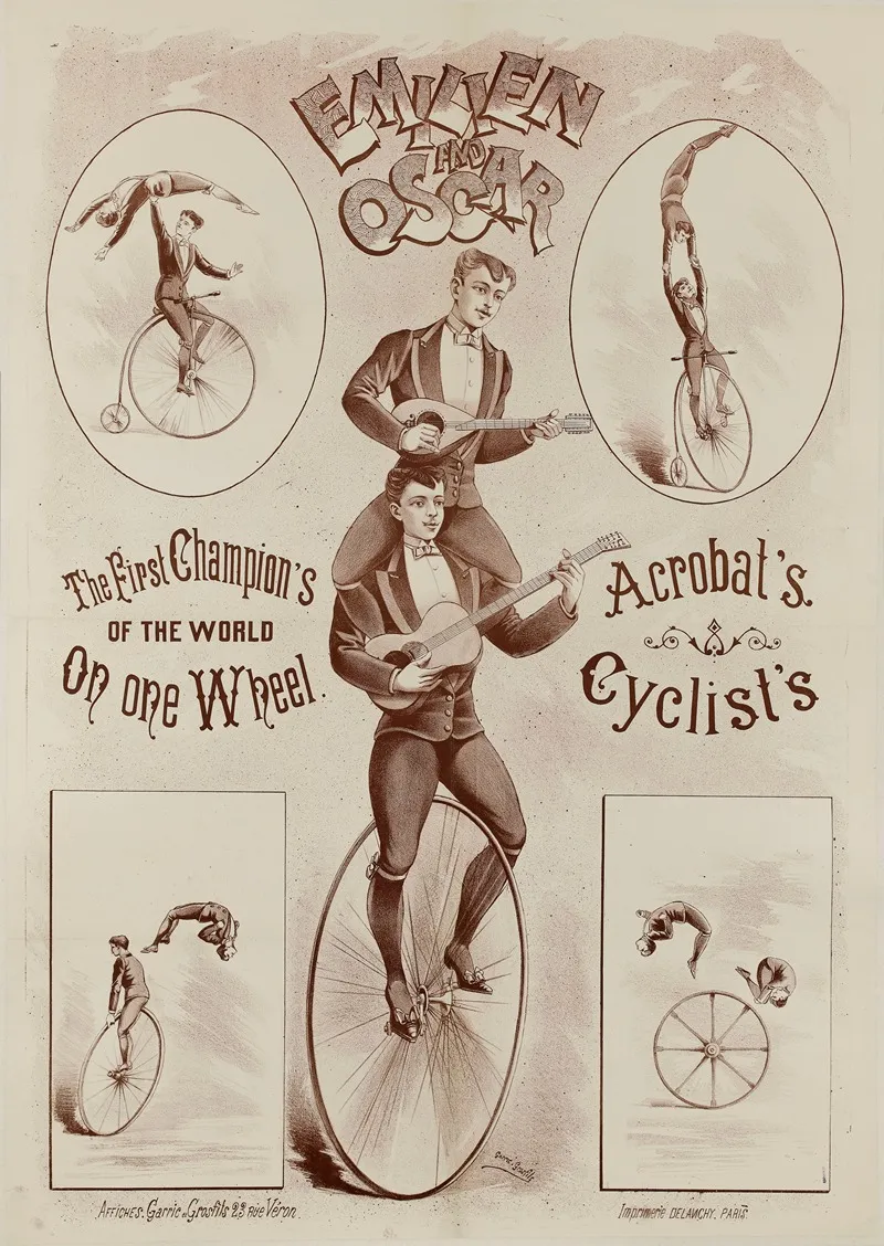 Emilien And Oscar The First Champions Of The World On One Wheel Acrobats Cyclists Wall Art by Garric - High-Resolution Digital Print
