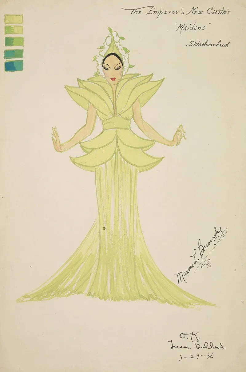 Emperors New Clothes Maidens Green Gown With Top Shaped Like Leaves Wall Art by Maxine Borowsky - High-Resolution Digital Print