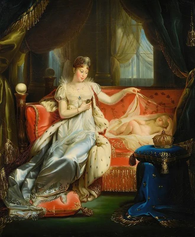 Empress Marie Louise Watching Over The Roi De Rome Asleep Wall Art by Workshop of Joseph Franque - High-Resolution Digital Print