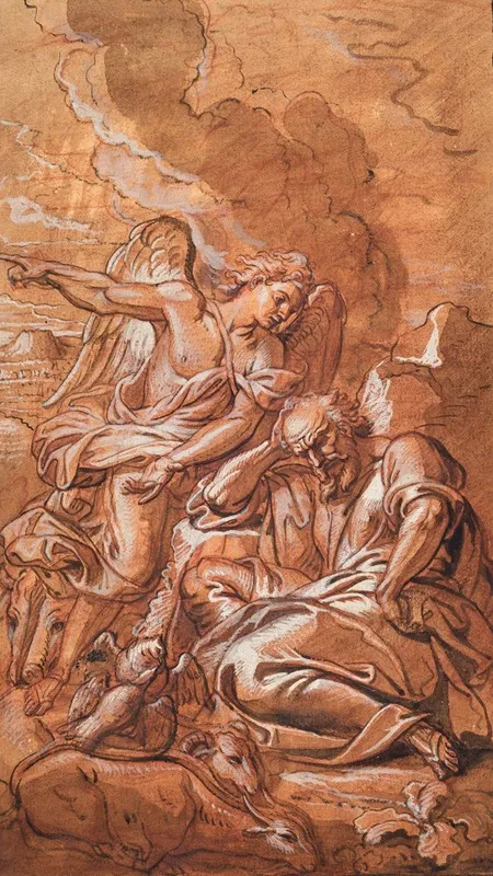 En Engel Kommer Til En Sovende Eller Grublende Mand Der Omgivet Af Far Kvaeg Og Duer Sidder I Et Ode Landskab Englen Vaekker Elias I Orkenen 1641 1806
