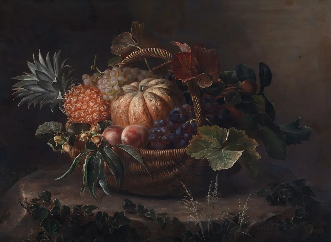 En Kurv Med Frugter Pa En Traestub Wall Art by Johan Laurentz Jensen - High-Resolution Digital Print