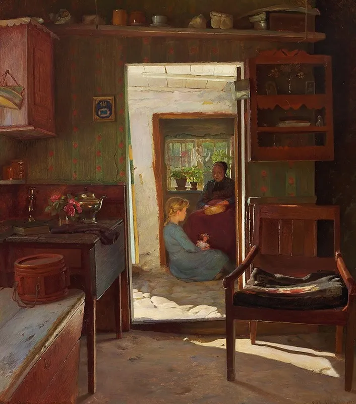 En Lille Pige Og Hendes Bedstemoder I En Dorabning Wall Art by Gustav Vermehren - High-Resolution Digital Print