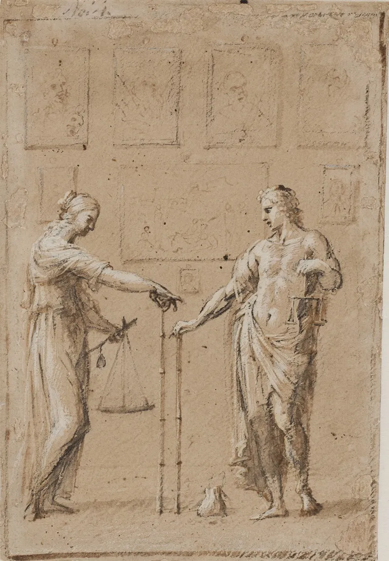 En Mand Og En Kvinde I Antikke Dragter Hver Med En Vaegt Og En Lineal Staende Foran En Vaeg Med Malerier Pa Gulvet Foran Manden Ligger En Pung Wall Art by Giovanni Angelo Canini - High-Resolution Digital Print
