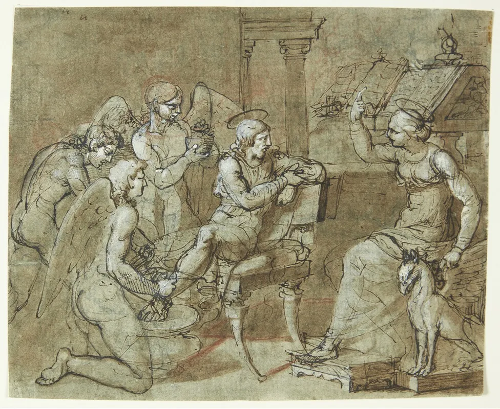 En Mandlig Helgen Vaskes Og Plejes Af Engle Mens Han Lytter Til En Kvindelig Helgen Der Sidder Foran En Laesepult Og Peger Opad Den Hlsebastian Hos Den Hlirene Wall Art by Bartolommeo Letterini - High-Resolution Digital Print