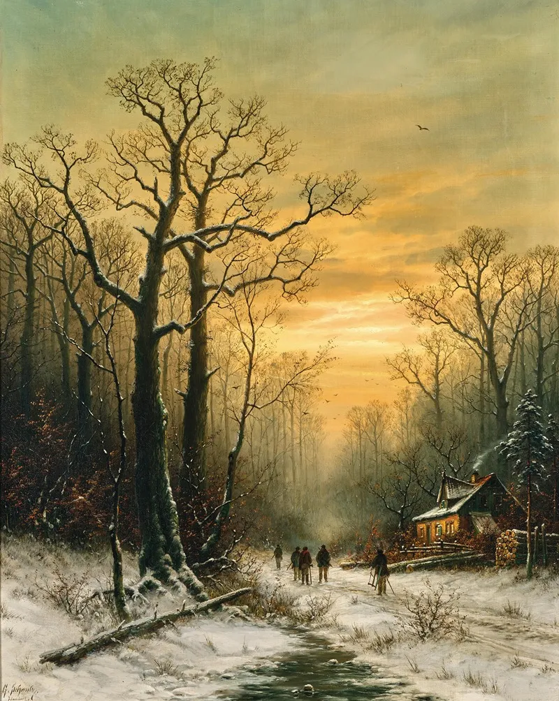 Encounter On The Way Home In Winter Wall Art by Georg Schmitz - High-Resolution Digital Print