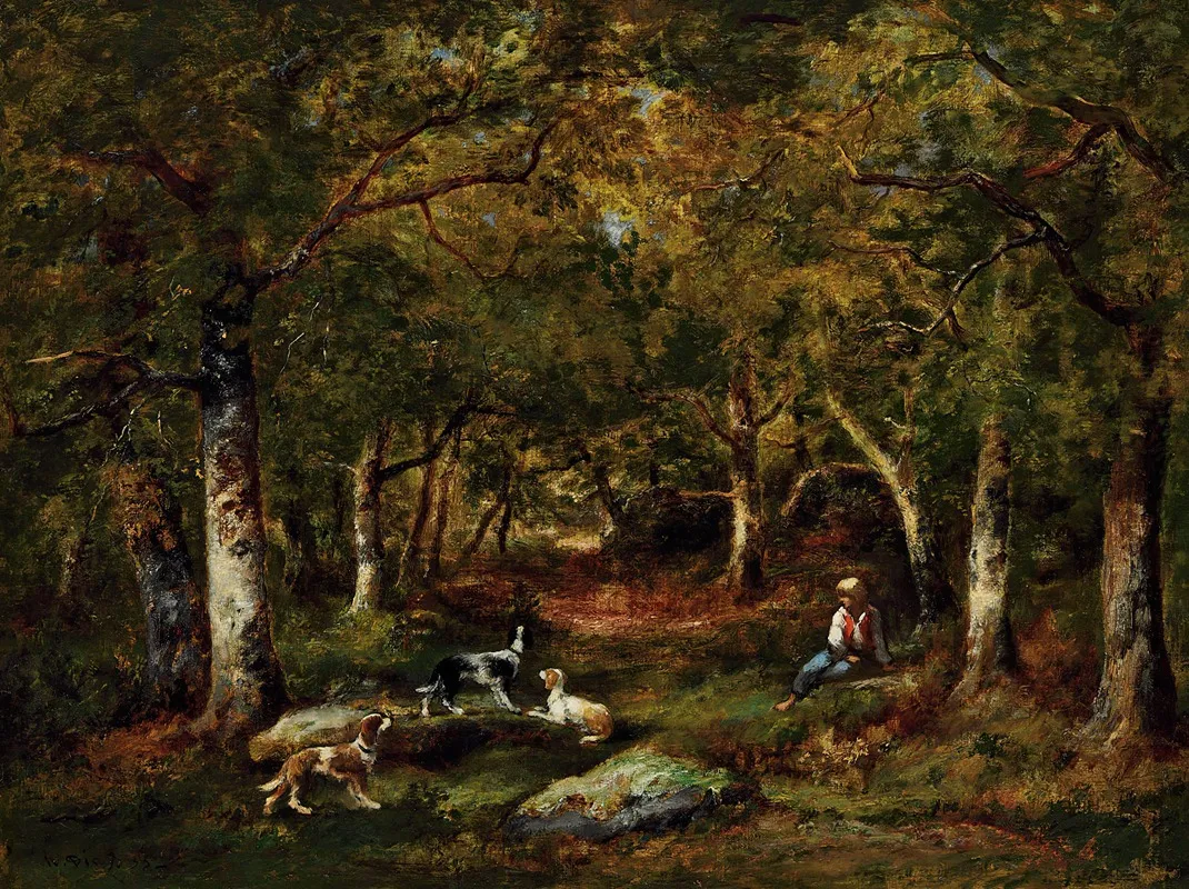 Enfant Et Chiens De Chasse En Foret
