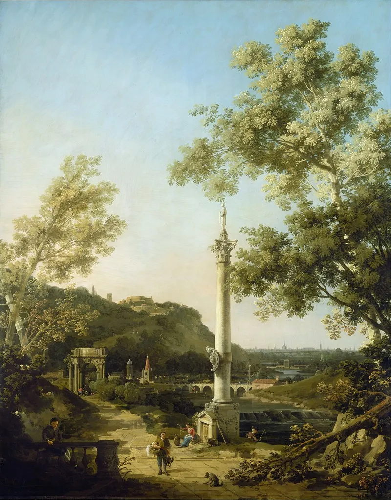 English Landscape Capriccio With A Column Wall Art by Canaletto - High-Resolution Digital Print