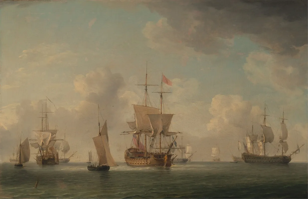 English Ships Under Sail In A Very Light Breeze Wall Art by Charles Brooking - High-Resolution Digital Print