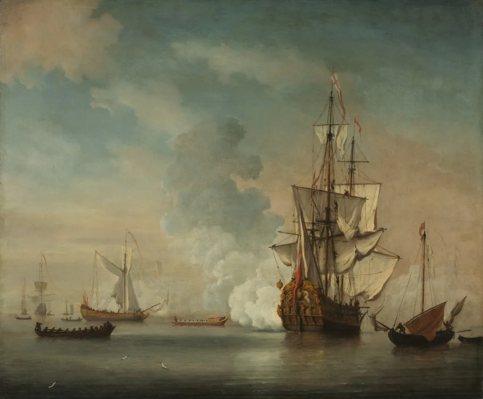 English Warship Firing A Salute