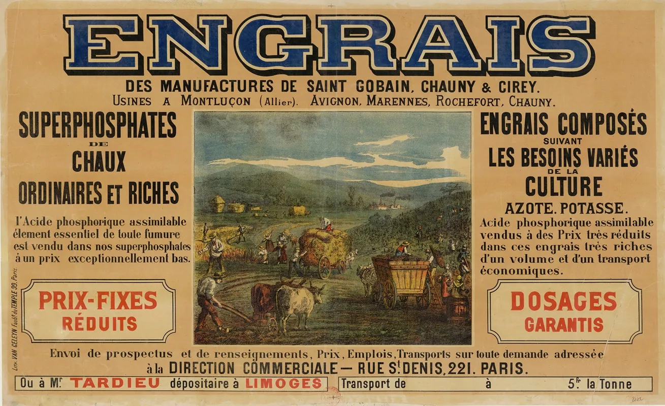 Engrais Des Manufactures De Saint Gobain Chauny Cirey Usines A Montlucon Allier Avignon Marennes Rochefort Chauny Wall Art by Lith. Van Geleyn - High-Resolution Digital Print
