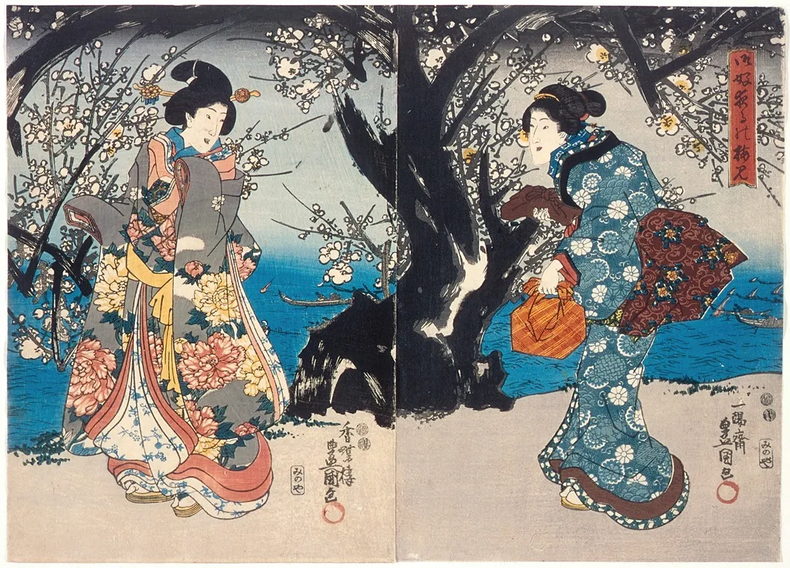 Enjoying Plum Blossoms In The Evening Wall Art by Utagawa Kunisada (Toyokuni III) - High-Resolution Digital Print