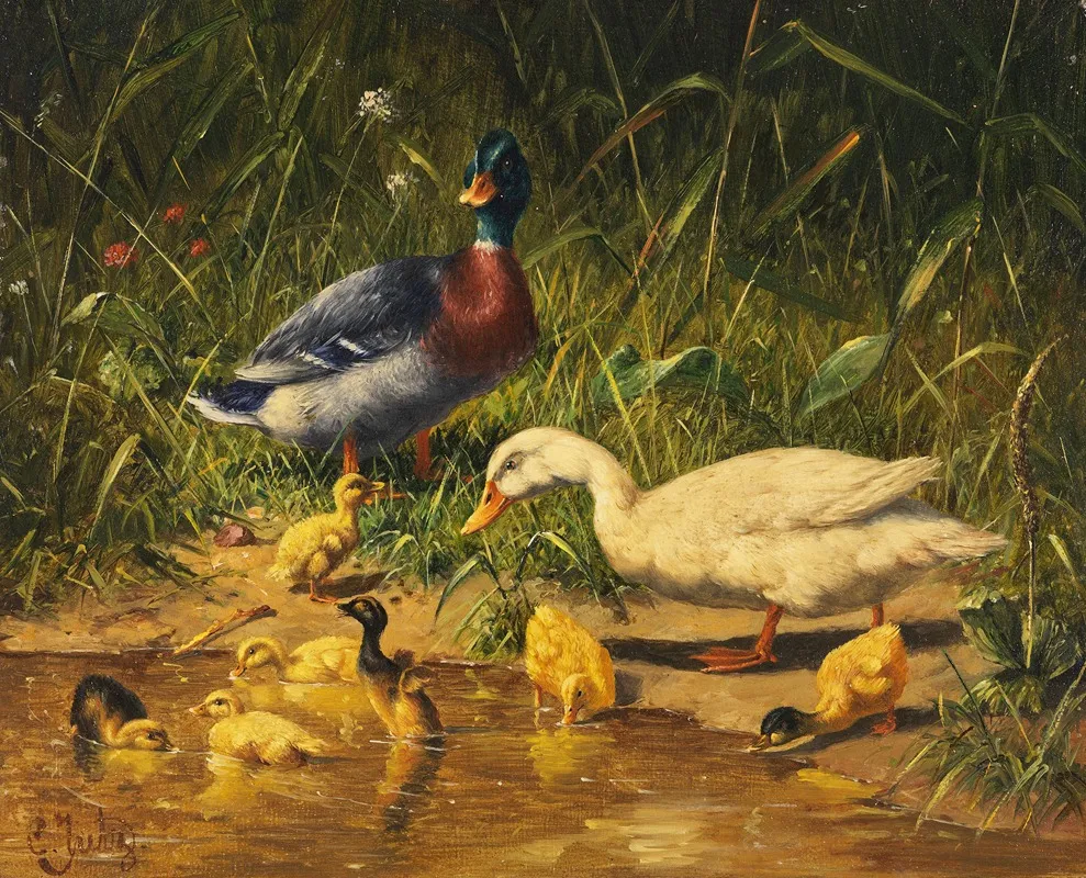 Enten Mit Jungen Am Wasser Wall Art by Carl Jutz - High-Resolution Digital Print